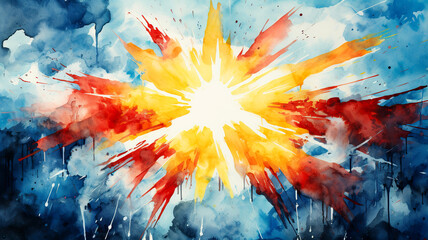Watercolor illustration of a bright sun in the sky with clouds. Abstract grunge background.
