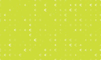 Seamless background pattern of evenly spaced white euro symbols of different sizes and opacity. Vector illustration on lime background with stars