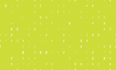Seamless background pattern of evenly spaced white tugrik symbols of different sizes and opacity. Vector illustration on lime background with stars