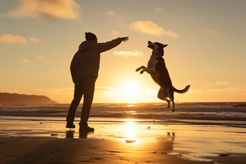 man playing freesbe with dog on a beach, dslr photo