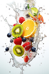 Burst of fruit tastes concept, kiwi, oranges, strawberry and blackberry surrounded by water splashes.