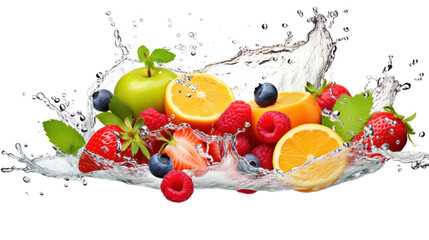 Fruit fusion taste explosion, fresh fruits in water surrounded by water droplets.