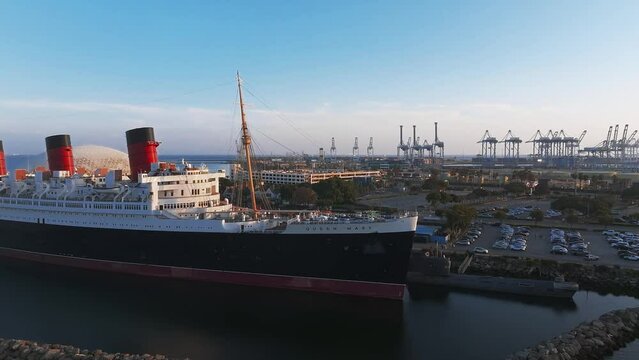 Aerial view of the the famous Queen Marry near Rainbow Harbor, Long Beach, California, U.S.A.