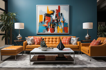 Living room vintage charm, antique furniture and decor elements, bright colors and bold geometric...