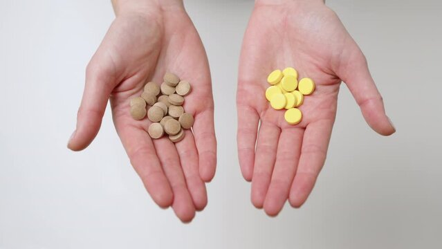 Choose the pills you need. On one palm, brown pills made from natural herbs, and on the other, yellow pills with chemical additives. Decide between natural or classic. 