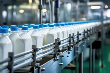 Modern milk production plant with bottles on conveyor belt - obrazy, fototapety, plakaty