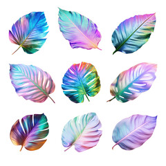 Set of hologram tropical leaves isolated on the transparent background.