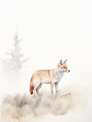 Watercolor painting of a red fox standing on a hillside. Generative AI