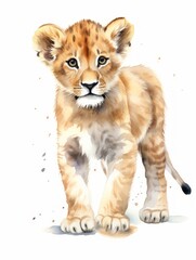 Lion cub isolated on white background. Hand drawn watercolor illustration Generative AI