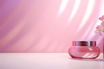 Pink 3d illustration background , mock up display with sunbeam for beauty products or holiday event.	