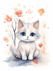 Cute cat with flowers. Watercolor illustration on white background. Generative AI
