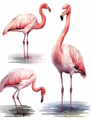 Pink flamingo set. Watercolor illustration isolated on white background. Generative AI