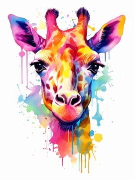 Giraffe head with colorful watercolor splashes on white background Generative AI © Alex