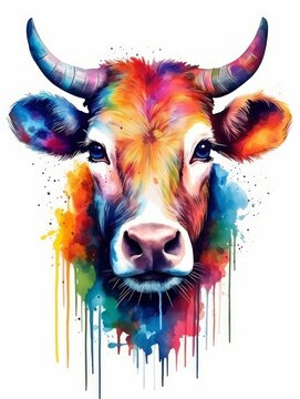 Watercolor portrait of a cow with horns. hand drawn illustration Generative AI