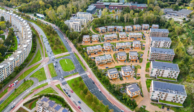Aerial photo of the Finest of Ockenburgh project in The Hague where all the roofs are covered with many solar panels. The project is in the Kijkduin/Ockenburgh neighbourhood in The Hague.
