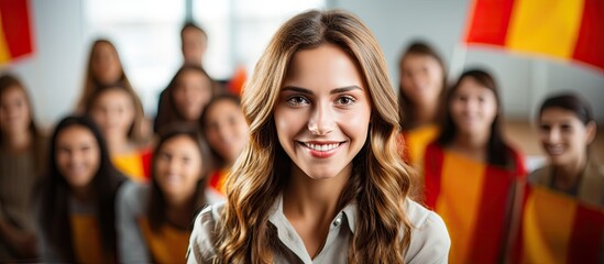 Curious preteens and a Spanish teacher in an academy classroom with a flag of Spain.
