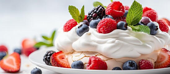 Closeup of Pavlova desserts adorned with summer berries, raspberries, strawberries, and blueberries, without people. - obrazy, fototapety, plakaty