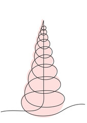 Graphic stylized vector Christmas tree in pink color with one line