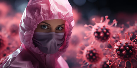 Frau mit Atemschutzmaske und Schutzanzug zur Seuchenbekämpfung im Querformat für Banner, ai generativ