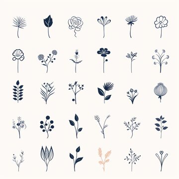 Fototapeta A collection of minimalist vector logos, timeless whimsical logos for florist shop, simple shapes and lines, white background