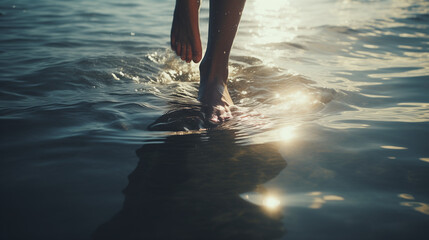 Bare feet up close walking on water with waves, reflecting a radiant sun on the surface. Biblical miracle or a stroll along the coastline of a beach. - obrazy, fototapety, plakaty