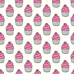 Cute cupcakes with cream seamless pattern background.