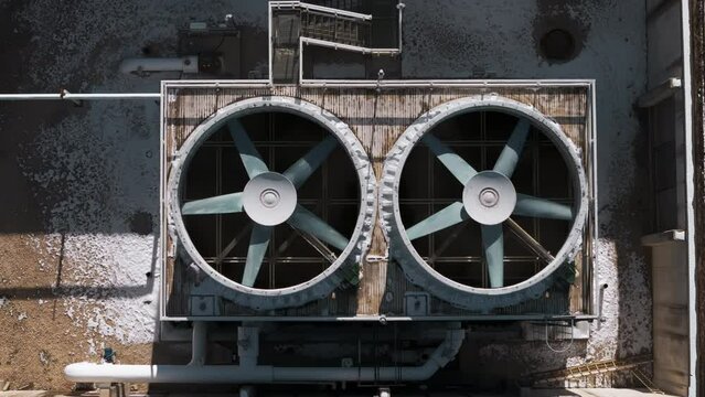 Modern industrial cooling cooling system. Aerial top down shot