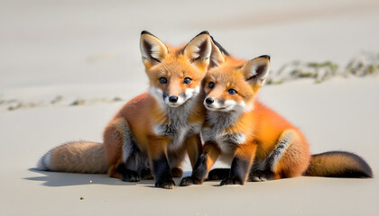 Wild baby red foxes cuddling at the beach