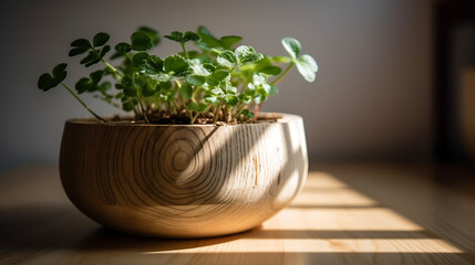 small round-leaved plant in light wooden pot, light wooden background, side light, close up shot