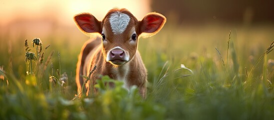 Farm infant calf grazing on verdant grass during dusk.