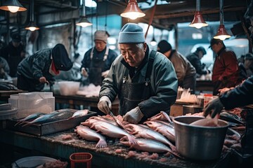 japanese fish sellers in a market - obrazy, fototapety, plakaty