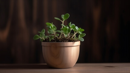 Fototapeta premium small round-leaved plant in light wooden pot, light wooden background, side light, close up shot