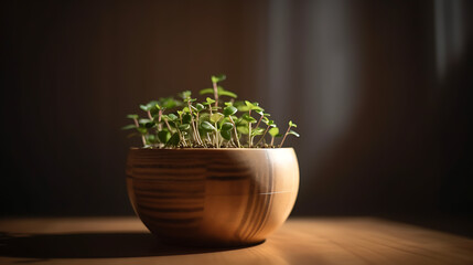 small round-leaved plant in light wooden pot, light wooden background, side light, close up shot