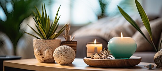Obraz na płótnie Canvas Creating a serene ambiance with candles, bamboo, stones, and sea shells for a comfortable and peaceful living space. Using an apartment diffuser with a refreshing ocean scent.