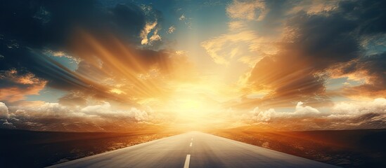 Blurry road and sky with bright sun - obrazy, fototapety, plakaty