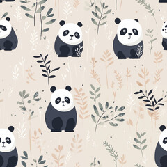 seamless pattern background with cute panda bear and leaves