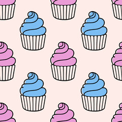 Cute cupcakes with cream seamless pattern background.