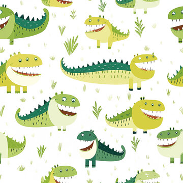 Hand drawn seamless pattern with animals cute dinosaurs leaves for kids