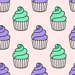 Cute cupcakes with cream seamless pattern background.