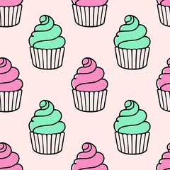 Cute cupcakes with cream seamless pattern background.