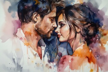 Watercolor painting of a couple in love on their wedding day. Generative AI - obrazy, fototapety, plakaty