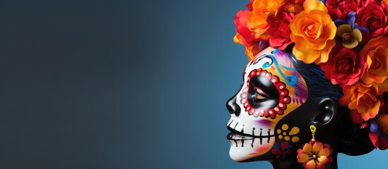 Day of the Dead decoration, representing Mexican culture and cuisine, featuring a colorful Catrina skeleton. - obrazy, fototapety, plakaty