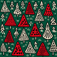 Red and white christmas trees as abstract background, wallpaper, banner, texture design with pattern - vector. Dark colors.