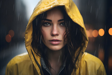 Portrait of a woman in a hooded yellow jacket standing in the rain on the street in the evening