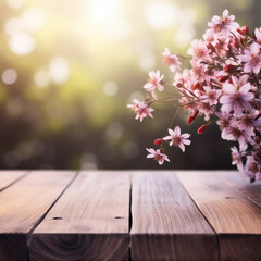 Empty wooden table top with flower and bokeh on blur background An empty wooden counter table top for product display Ai generated