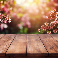Empty wooden table top with flower and bokeh on blur background An empty wooden counter table top for product display Ai generated