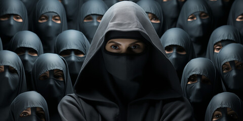 Sekten Anhänger mit schwarzen Masken und Umhang verhüllt im Querformat für Banner, ai generativ
