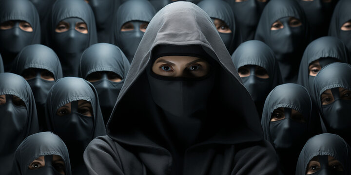 Sekten Anh&auml;nger mit schwarzen Masken und Umhang verh&uuml;llt im Querformat f&uuml;r Banner, ai generativ