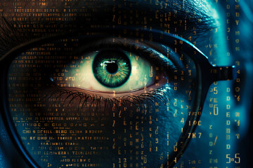 Human eye in glasses with binary code over it. Data network and cyber security technology. Futuristic tech of virtual cyberspace and internet secure - obrazy, fototapety, plakaty