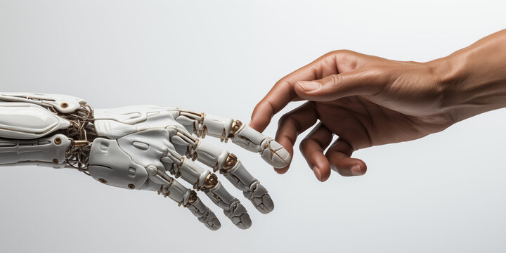 Geschäftlicher Händedruck zwischen Roboter und menschlichen Partnern oder Freunden im Querformat für Banner, ai generativ